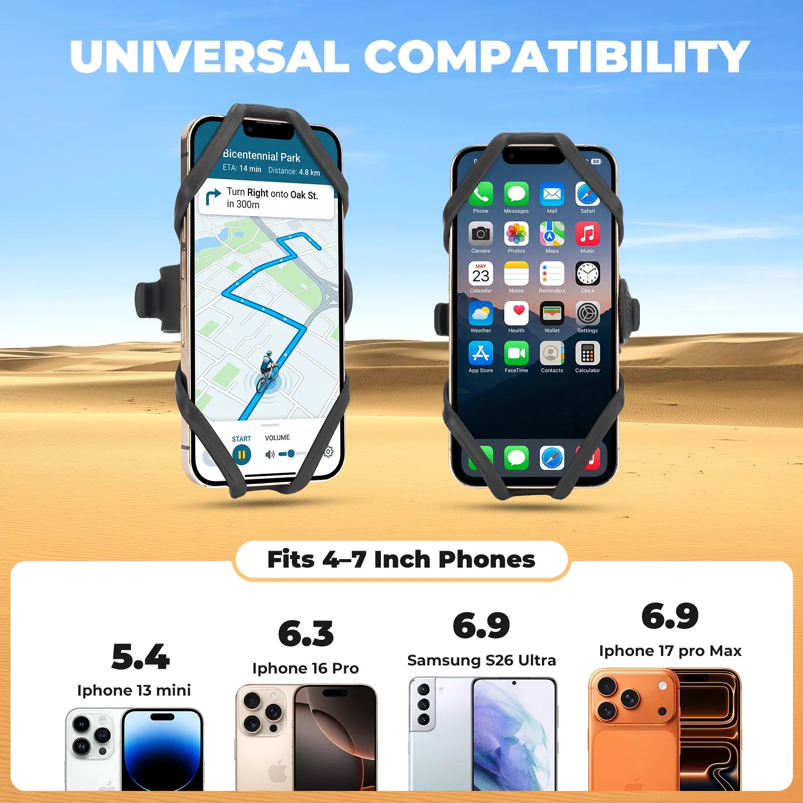 ROCKBROS silicone bike phone mount compatible with 4 to 7 inch smartphones, universal bicycle handlebar cell phone holder