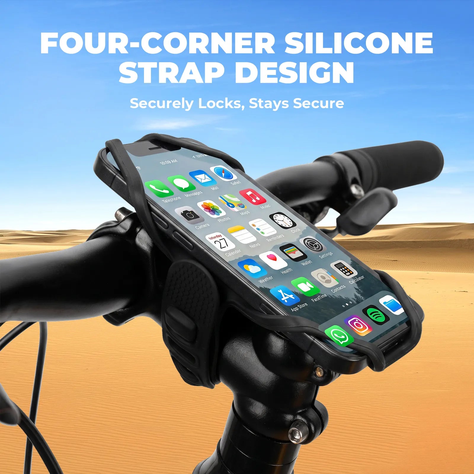 ROCKBROS silicone bike phone mount compatible with 4 to 7 inch smartphones, universal bicycle handlebar cell phone holder