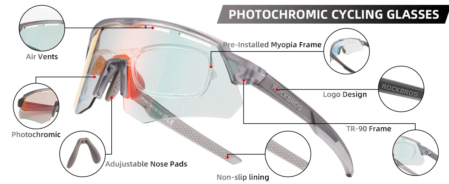 ROCKBROS SP246 oversized photochromic cycling sunglasses with 4 interchangeable lenses.