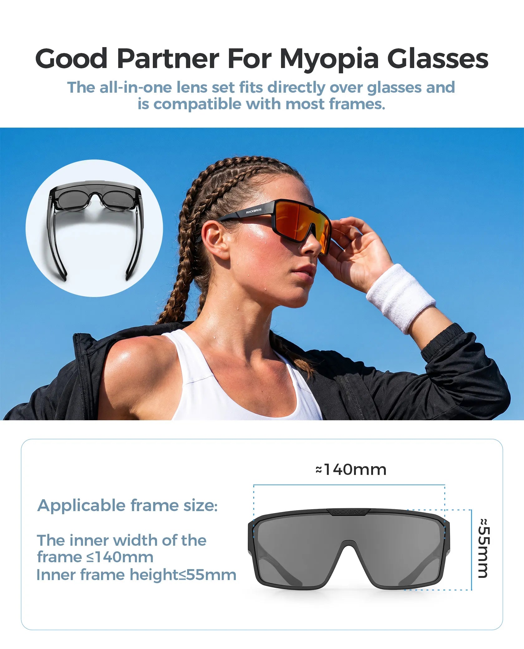 ROCKBROS SP348 polarized fit over cycling sunglasses for prescription glasses wearers, UV400 protection.
#color_white