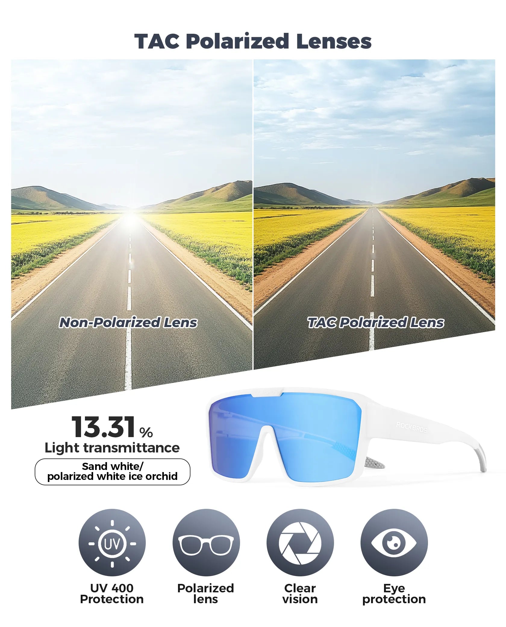 ROCKBROS SP348 polarized fit over cycling sunglasses for prescription glasses wearers, UV400 protection.
#color_white