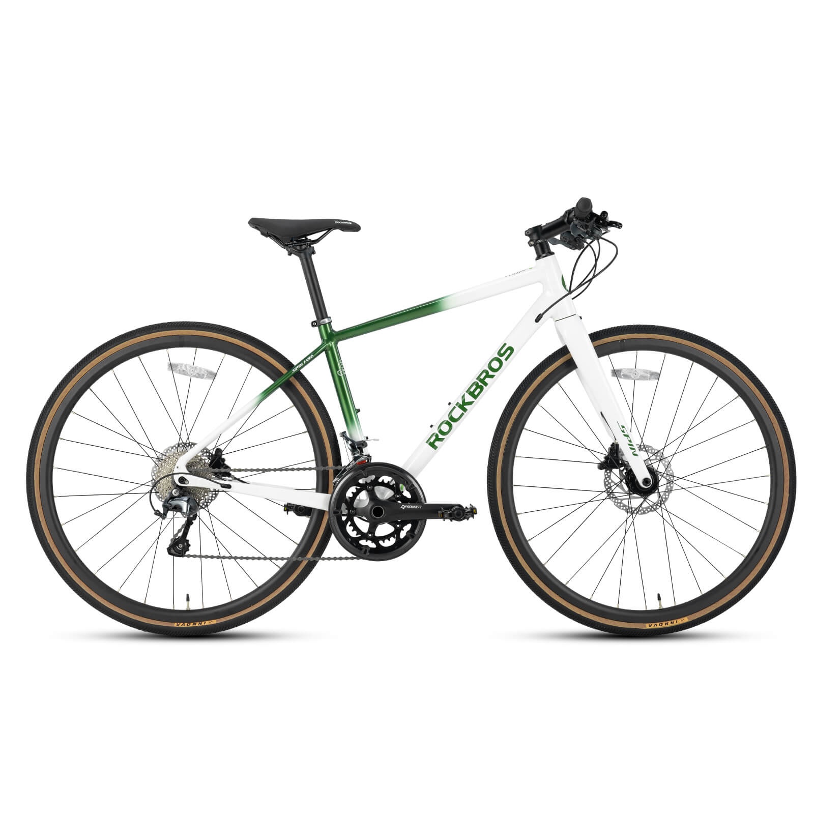 ROCKBROS SPIN-P2M lightweight aluminium road bike with disc brakes for urban cycling.
#color_Chasing Dust Green Gradient