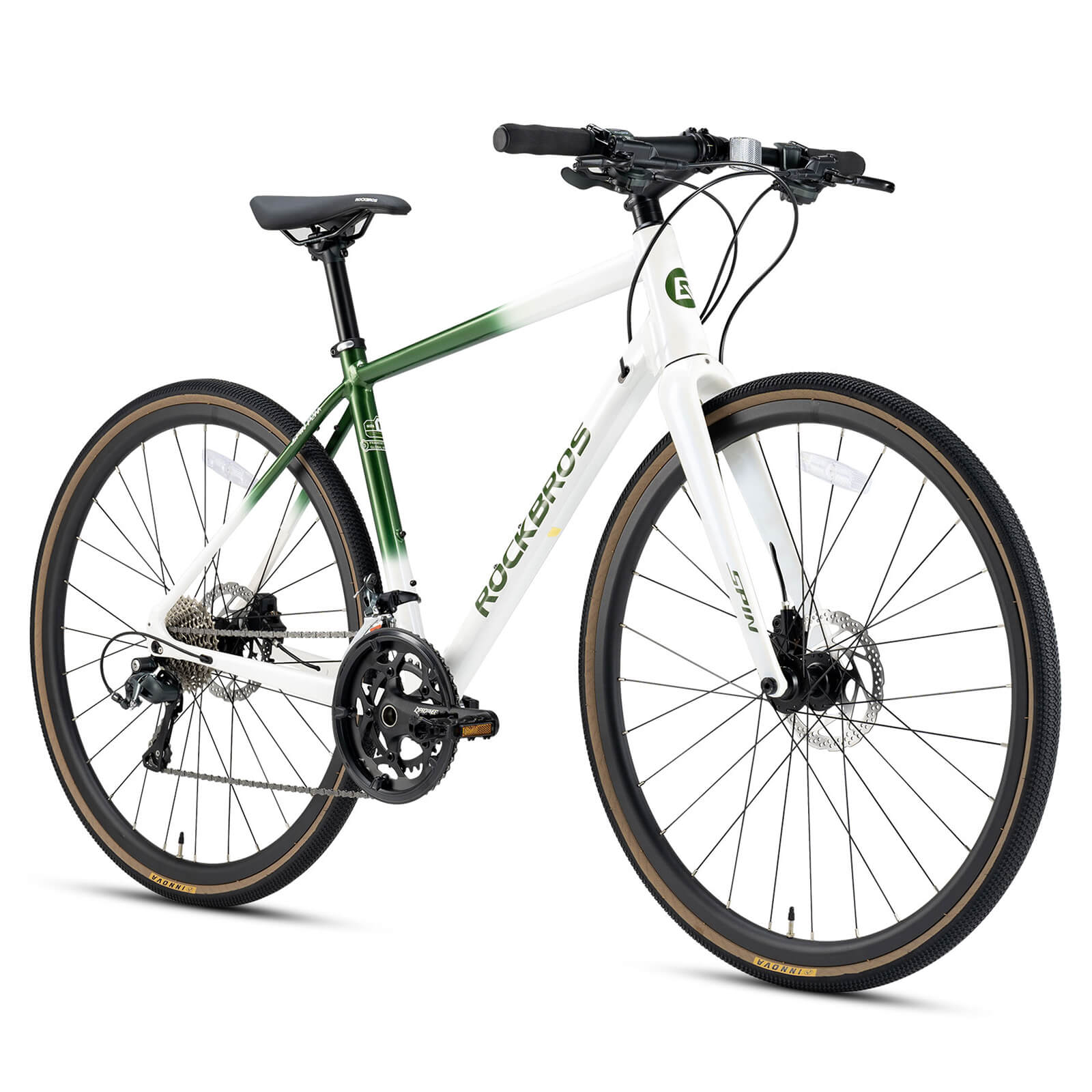 ROCKBROS SPIN-P2M lightweight aluminium road bike with disc brakes for urban cycling.
#color_Chasing Dust Green Gradient