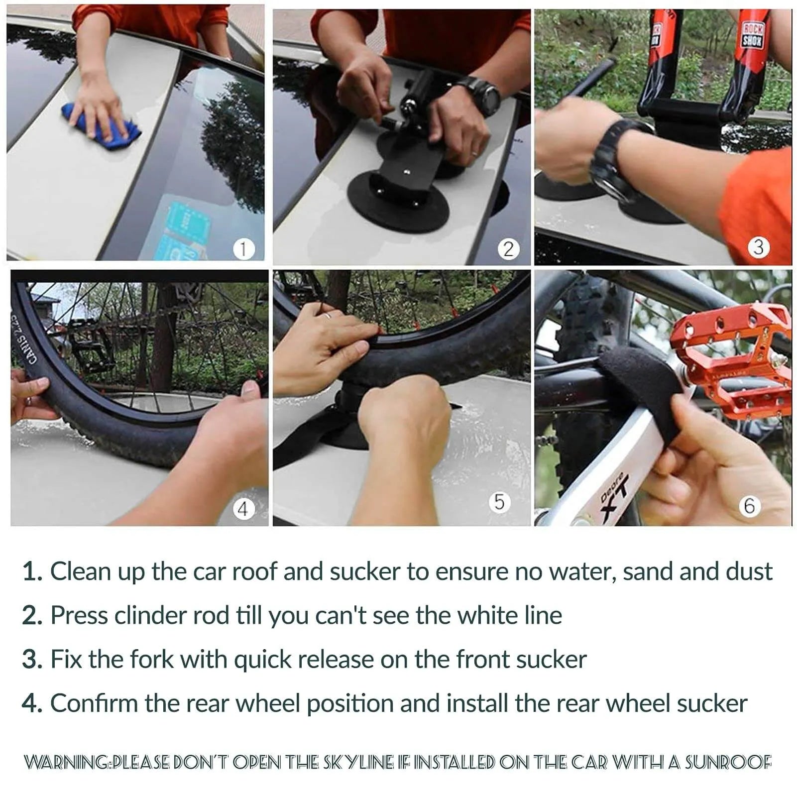 ROCKBROS suction cup bike rack mounted on car roof, quick-install heavy duty carrier for 1 to 3 bikes.
#color_red