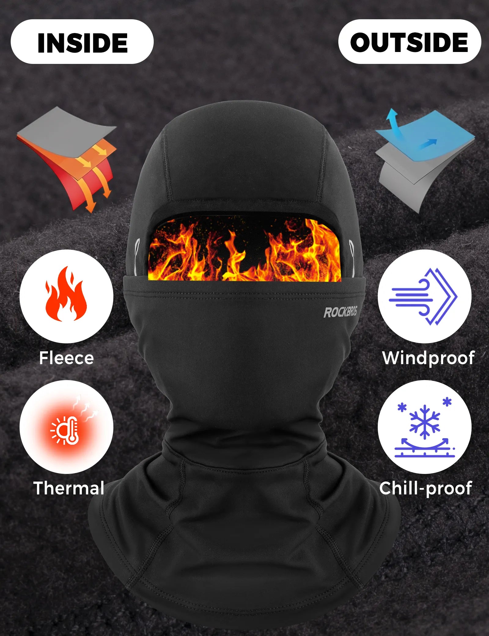 Rockbros thermal riding balaclava with fleece lining in black, main front view.