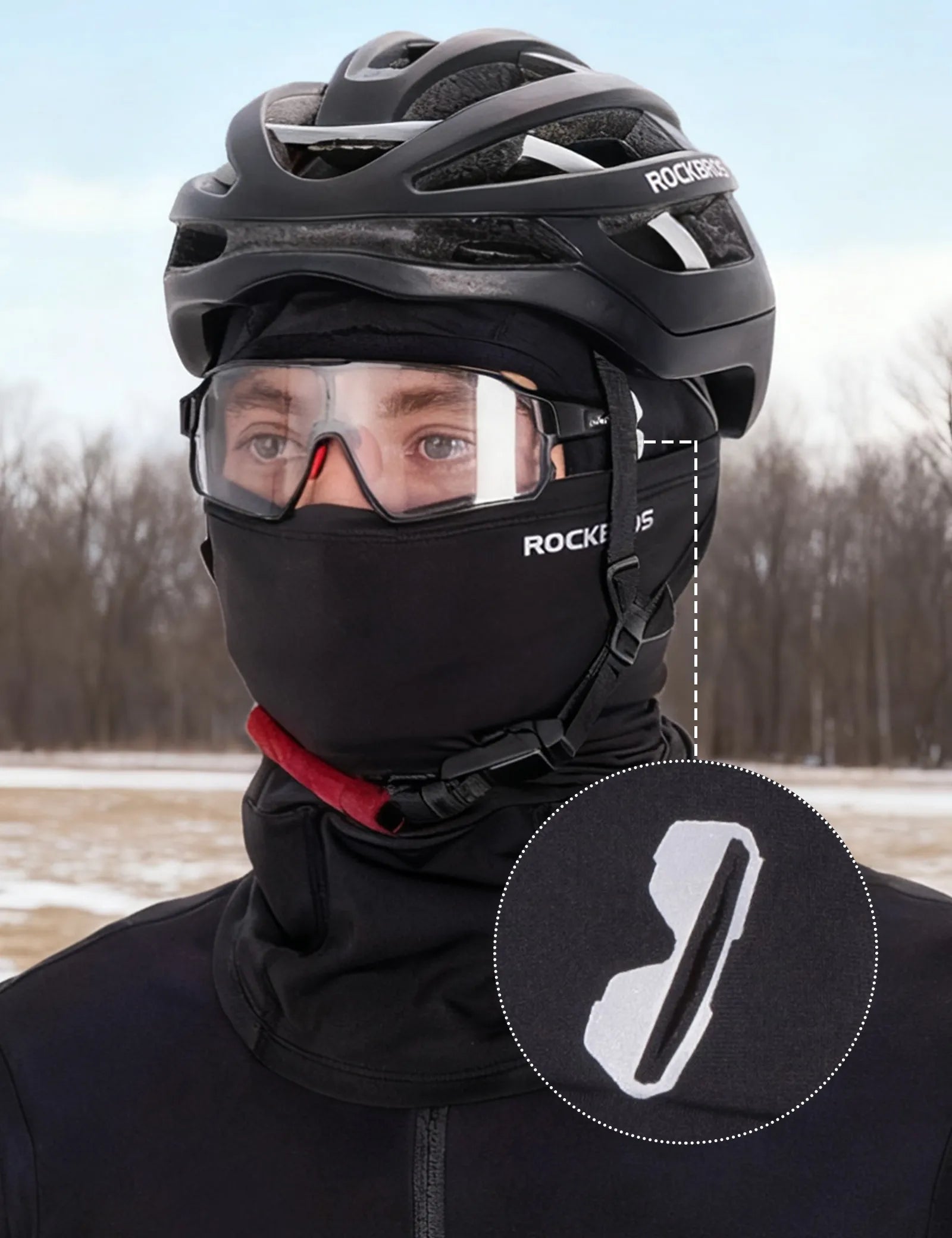 Rockbros thermal riding balaclava with fleece lining in black, main front view.