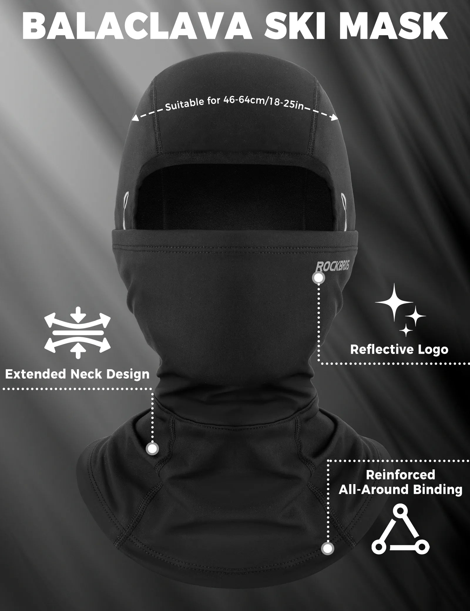 Rockbros thermal riding balaclava with fleece lining in black, main front view.