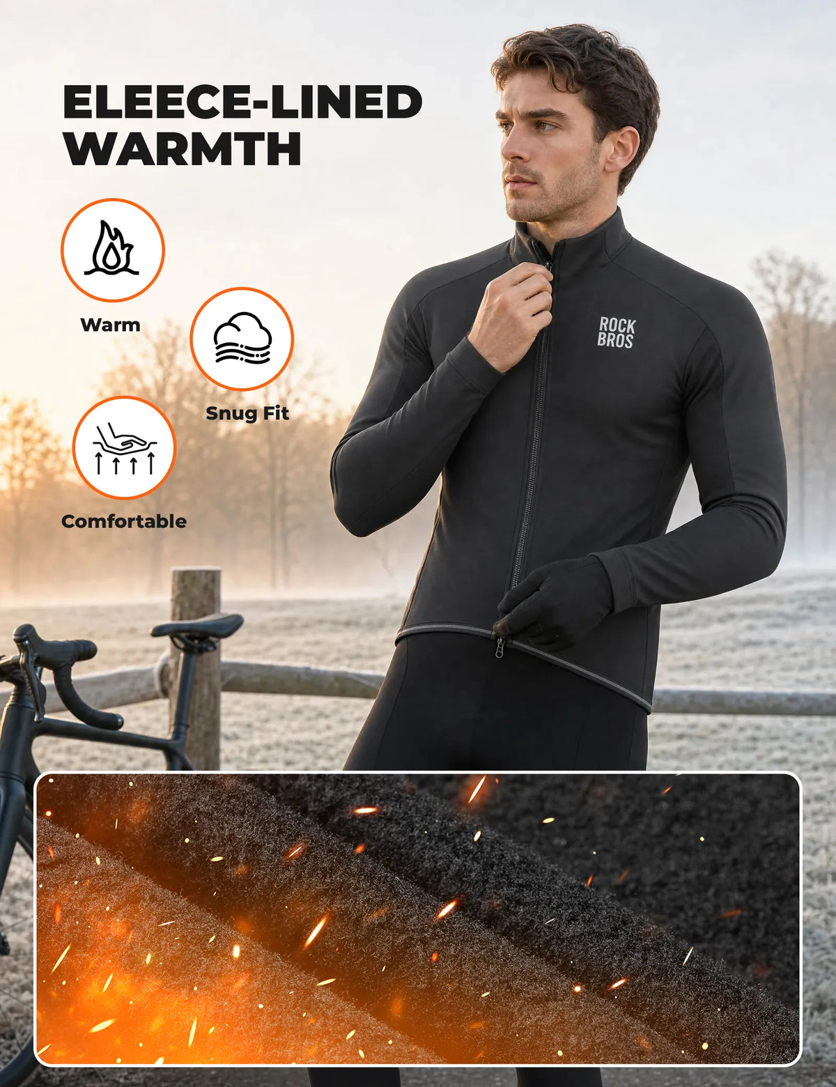 ROCKBROS lightweight fleece cycling jersey for cold-weather rides