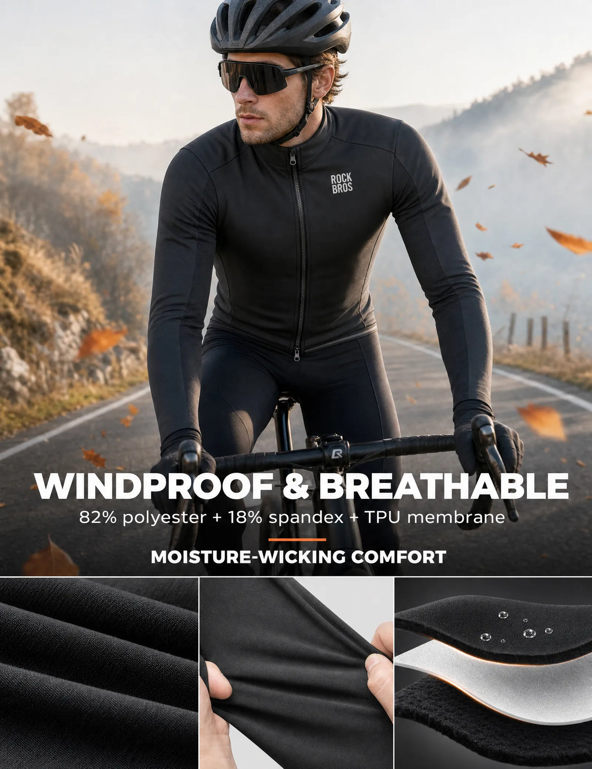 ROCKBROS lightweight fleece cycling jersey for cold-weather rides