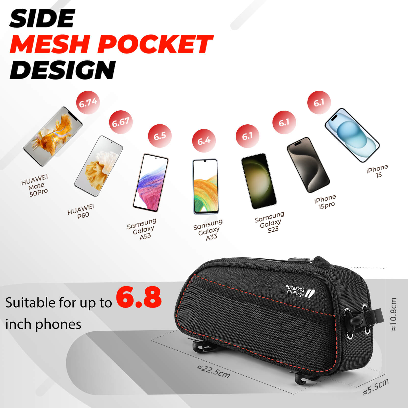 rockbros 1.3L bike top tube bag mounted on bicycle frame.