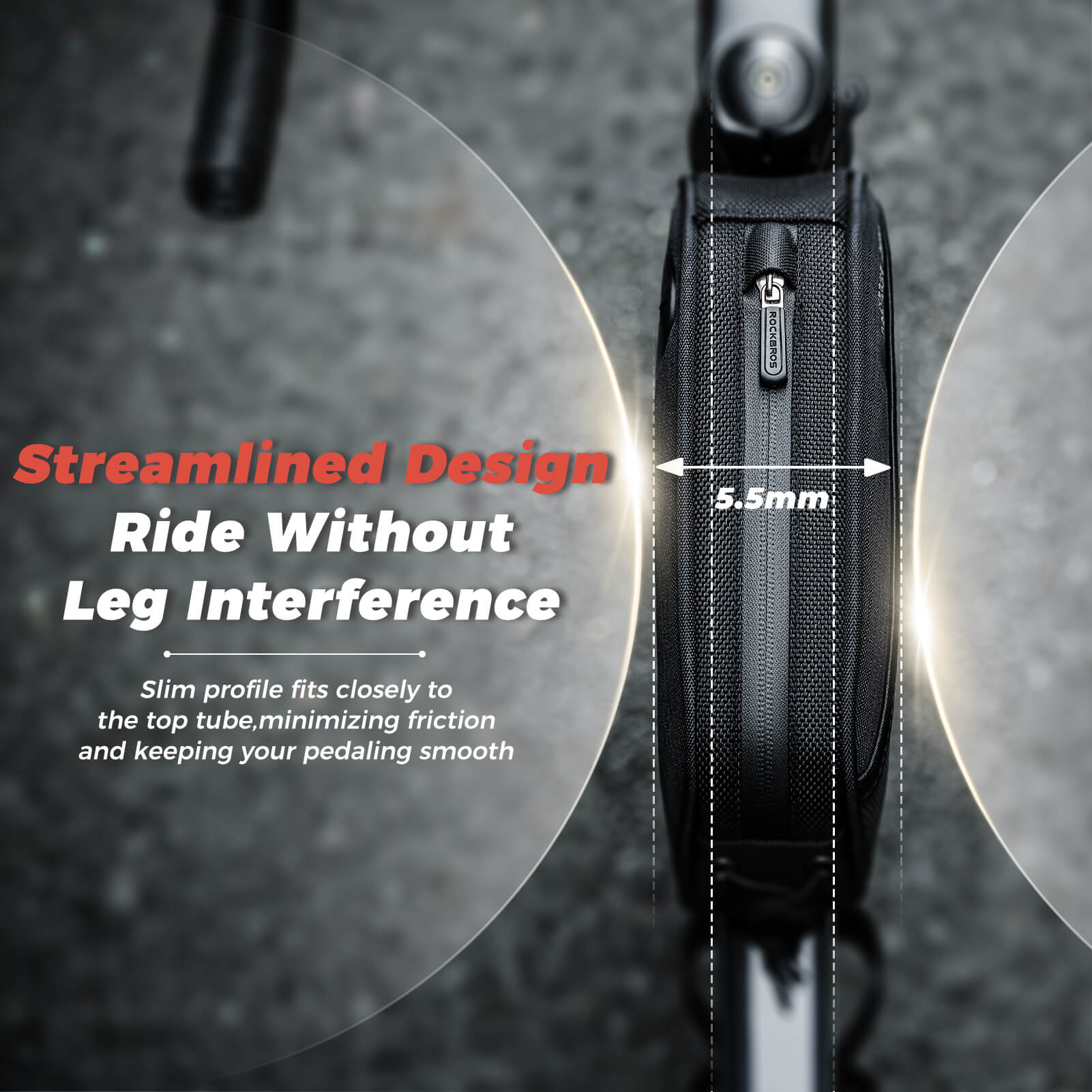 rockbros 1.3L bike top tube bag mounted on bicycle frame.