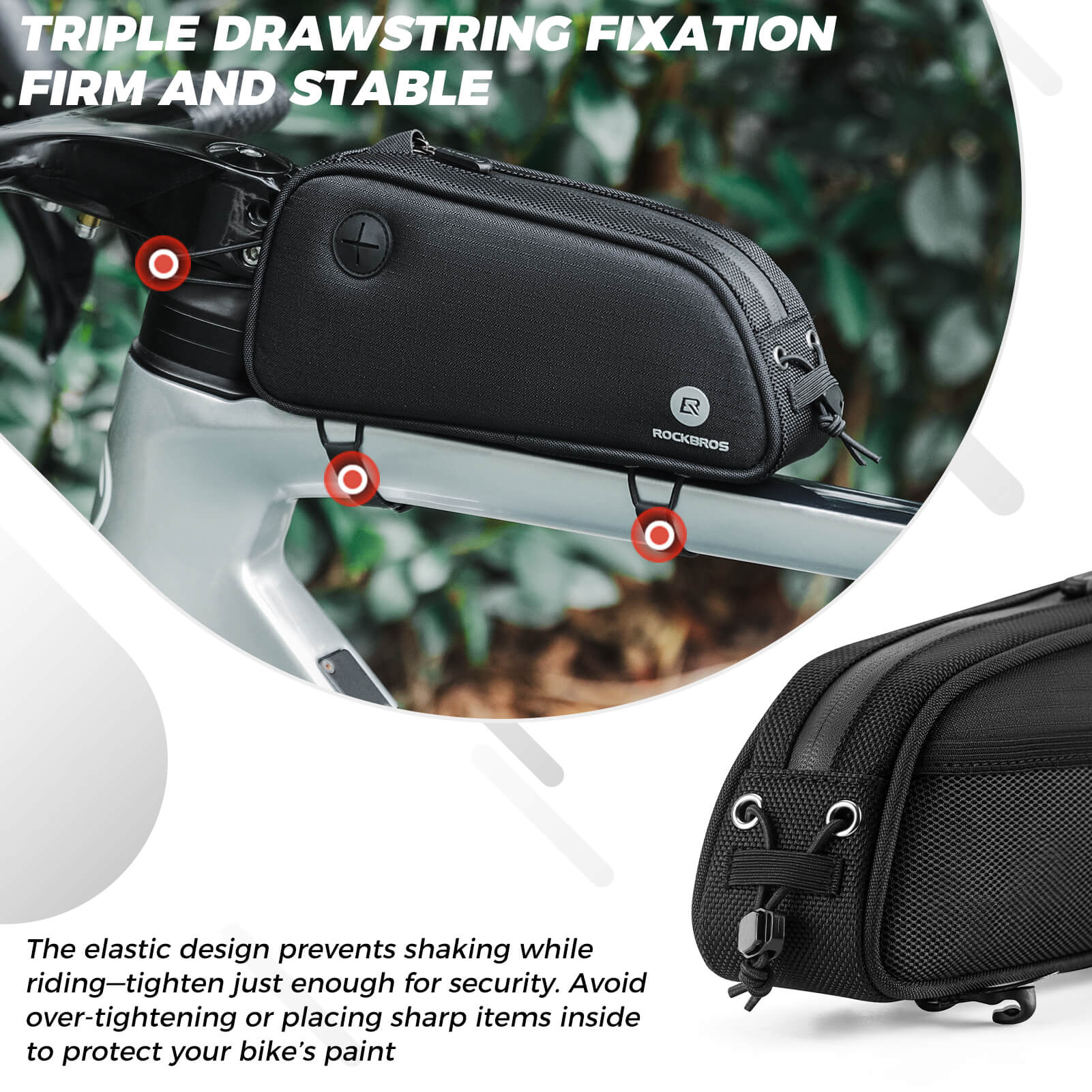 rockbros 1.3L bike top tube bag mounted on bicycle frame.