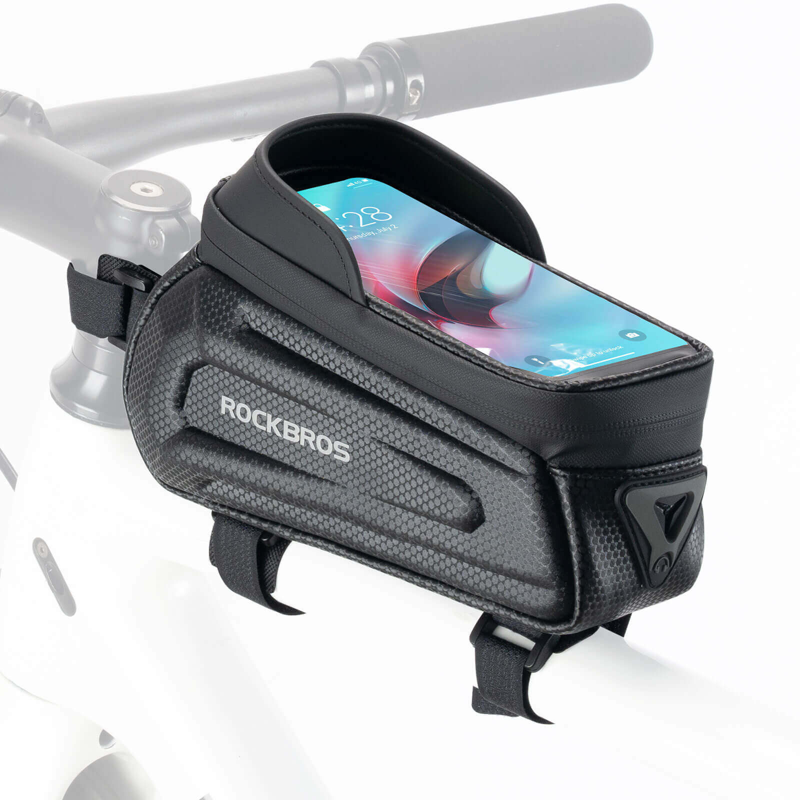 ROCKBROS top tube handlebar bag in use while riding.