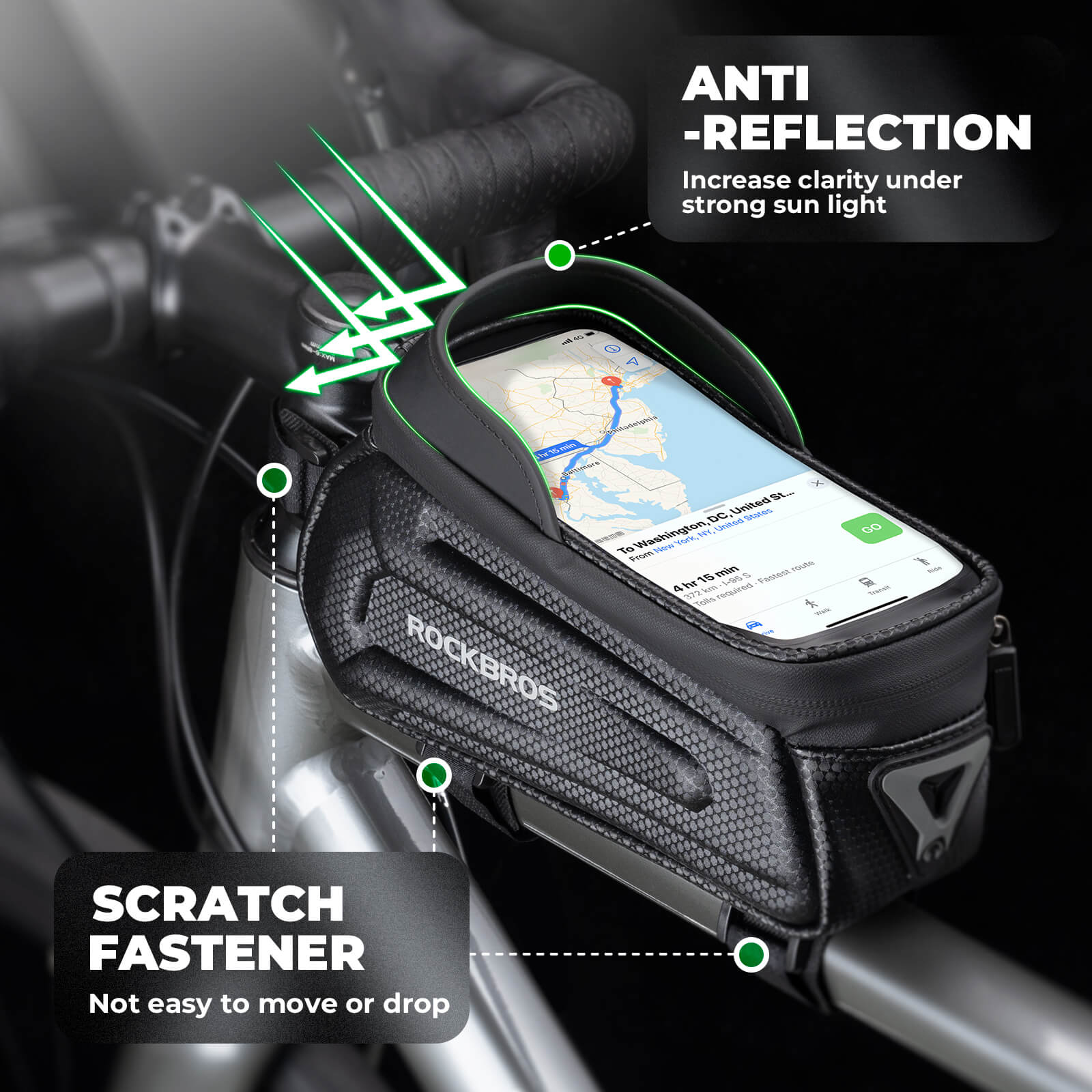 ROCKBROS top tube handlebar bag in use while riding.