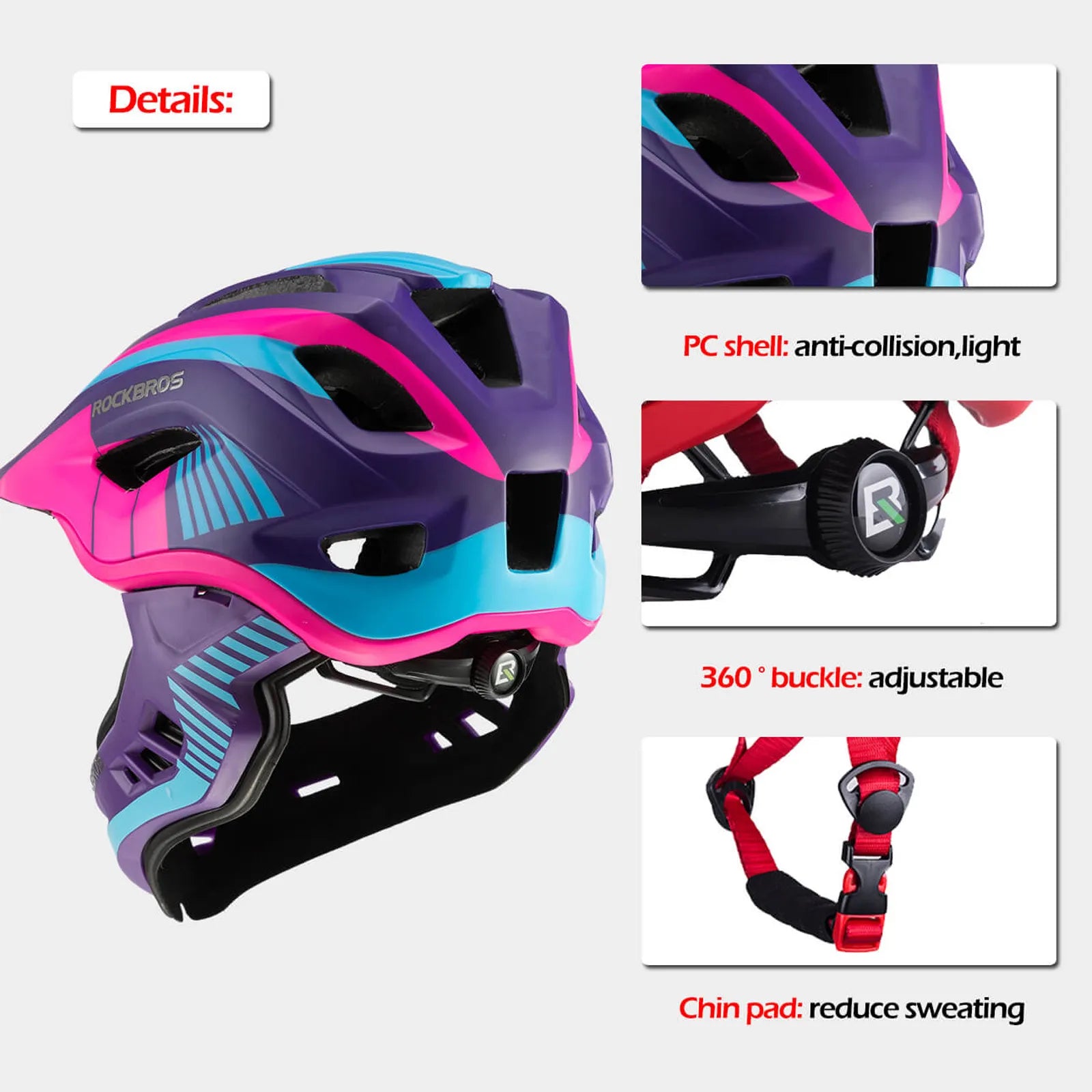 rockbros koalaguard kids helmet tt-32 detachable front full and half face protective helmet
#color_purple
