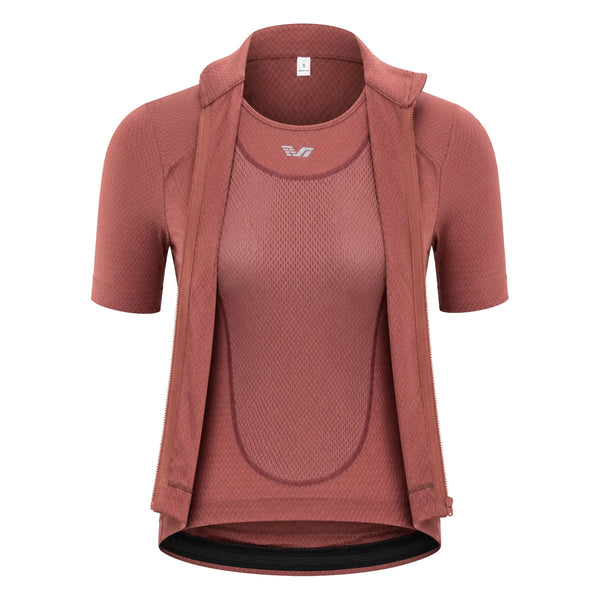 ROCKBROS TVI women's 2-in-1 layered short sleeve cycling jersey in front view
#color_Black Red