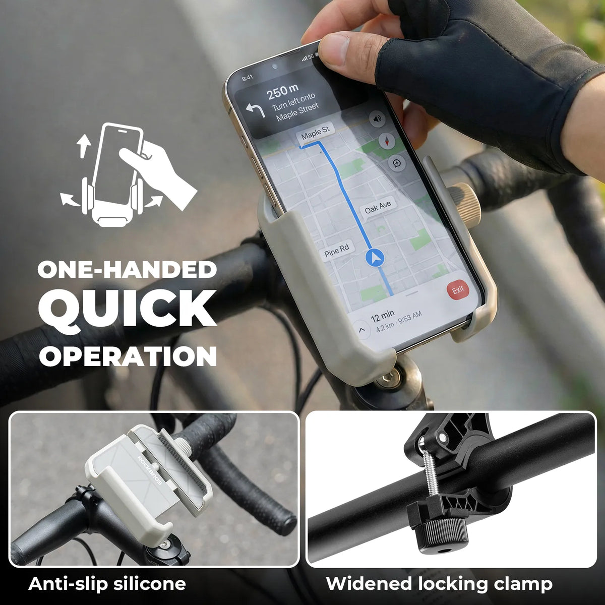 Rockbros universal bike phone holder with secure half-wrap design for 4.7 to 7.2 inch smartphones
#color_black