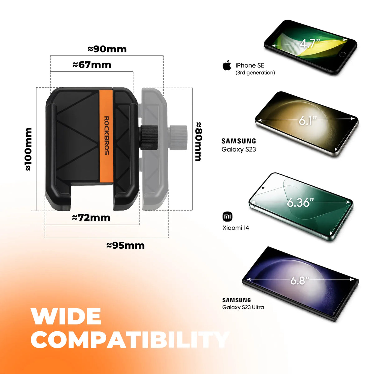 Rockbros universal bike phone holder with secure half-wrap design for 4.7 to 7.2 inch smartphones
#color_black