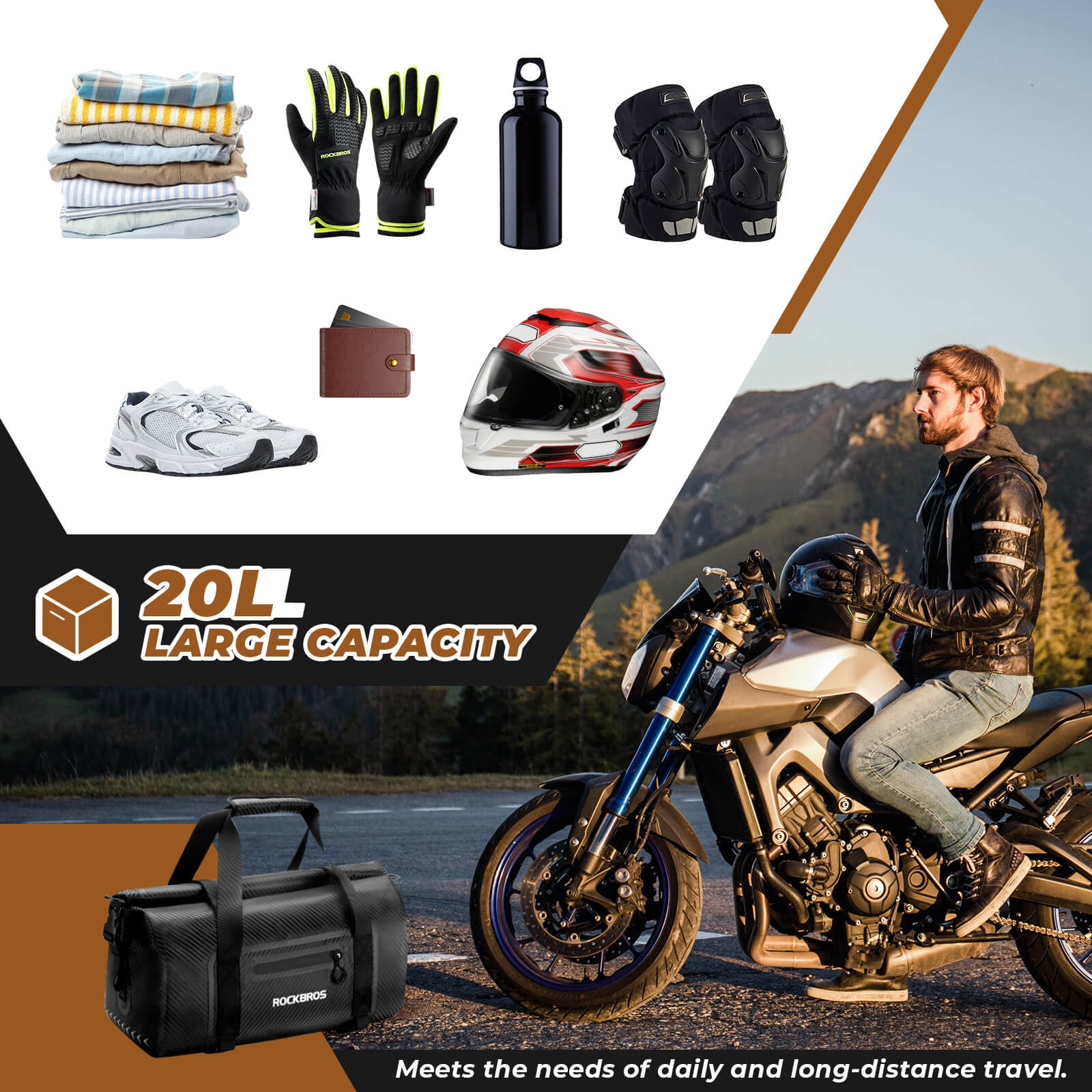ROCKBROS waterproof motorcycle tail bag for rear seat storage.
#size_20L 48*24*40cm 
