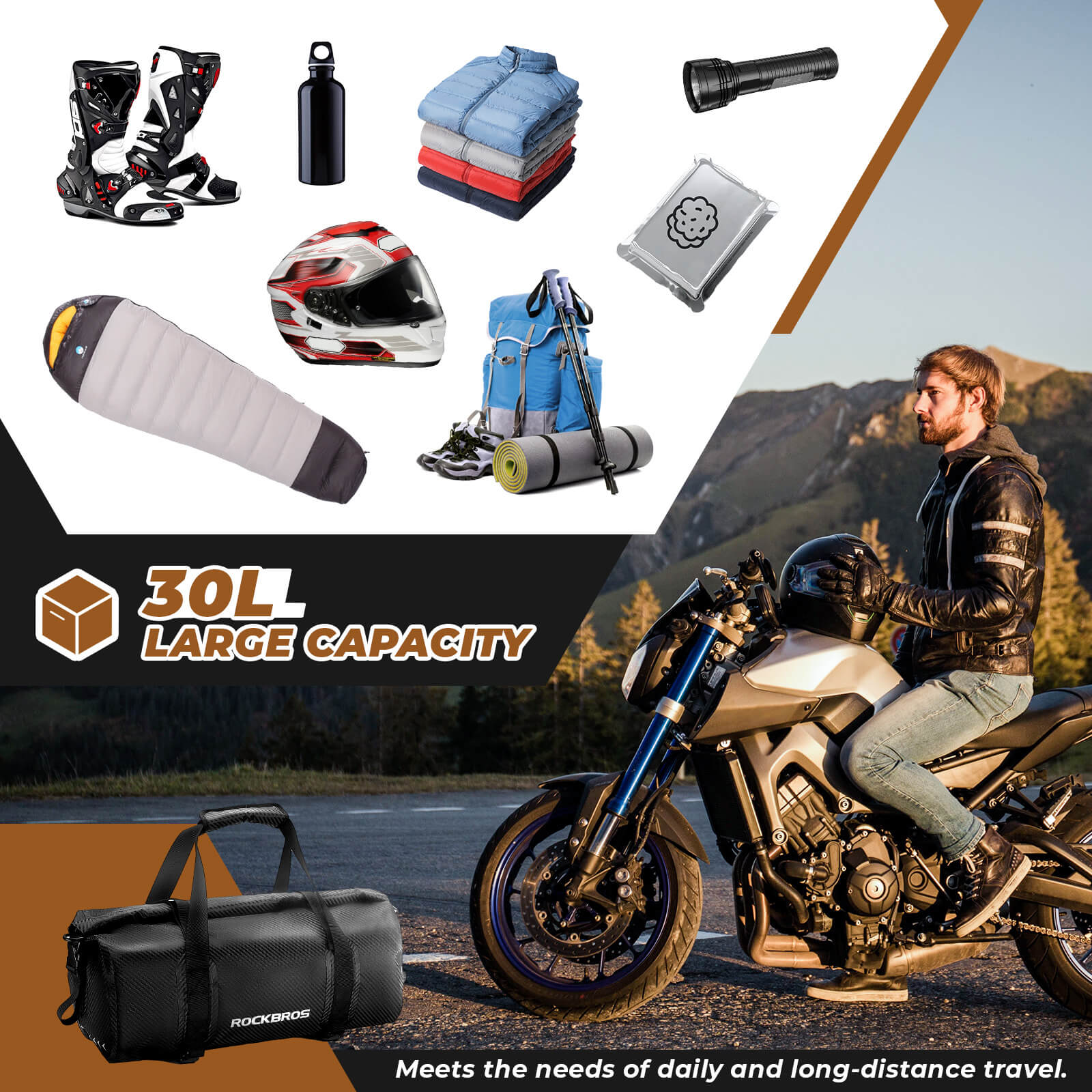 ROCKBROS waterproof motorcycle tail bag for rear seat storage.
#size_30L 60*24*42cm