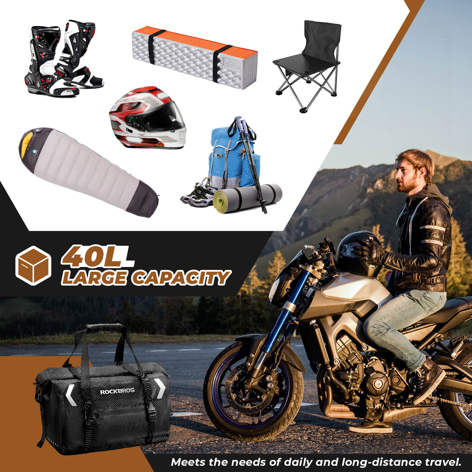 ROCKBROS waterproof motorcycle tail bag for rear seat storage.
#size_40L 53*32*48cm