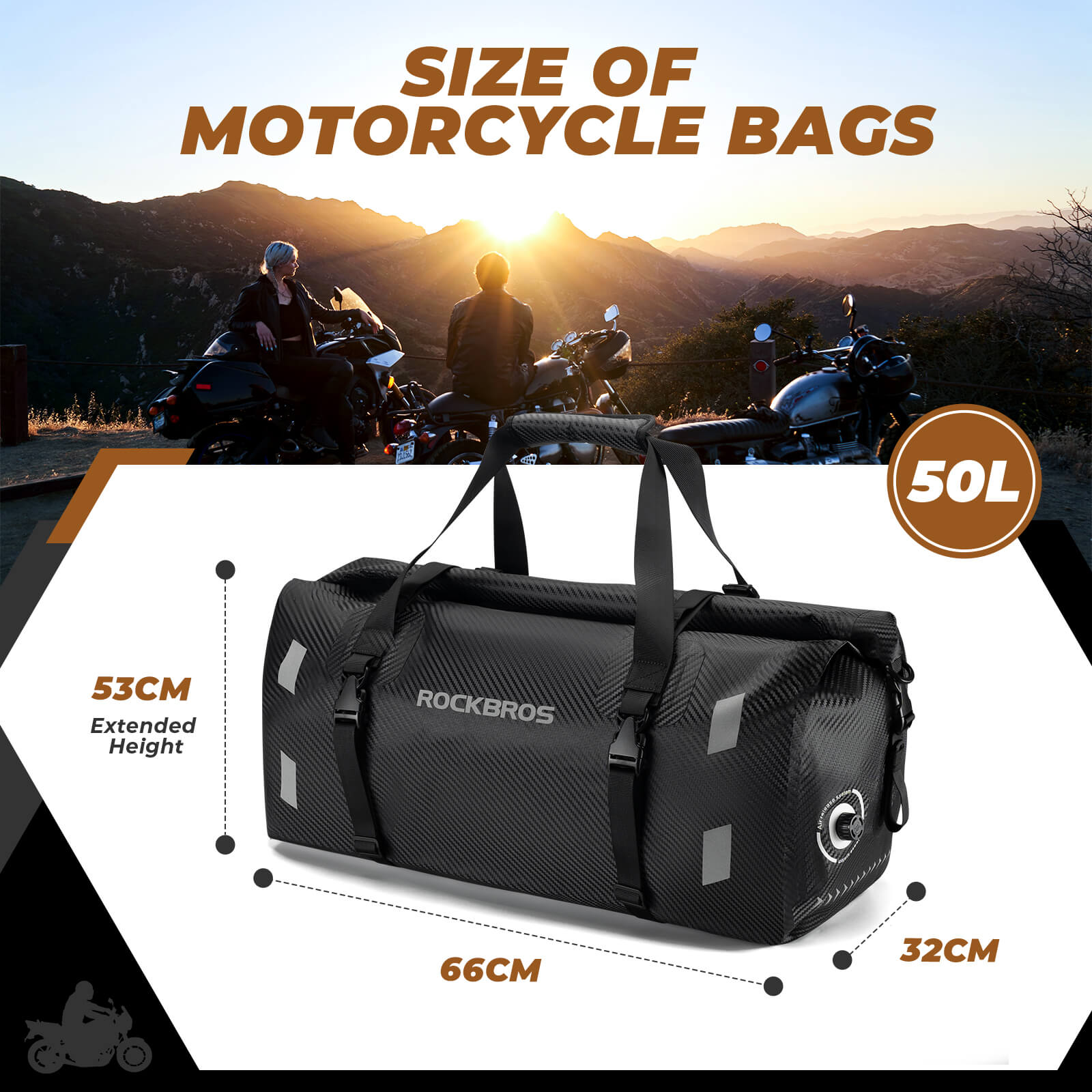 ROCKBROS waterproof motorcycle tail bag for rear seat storage.
#size_50L 66*32*53cm