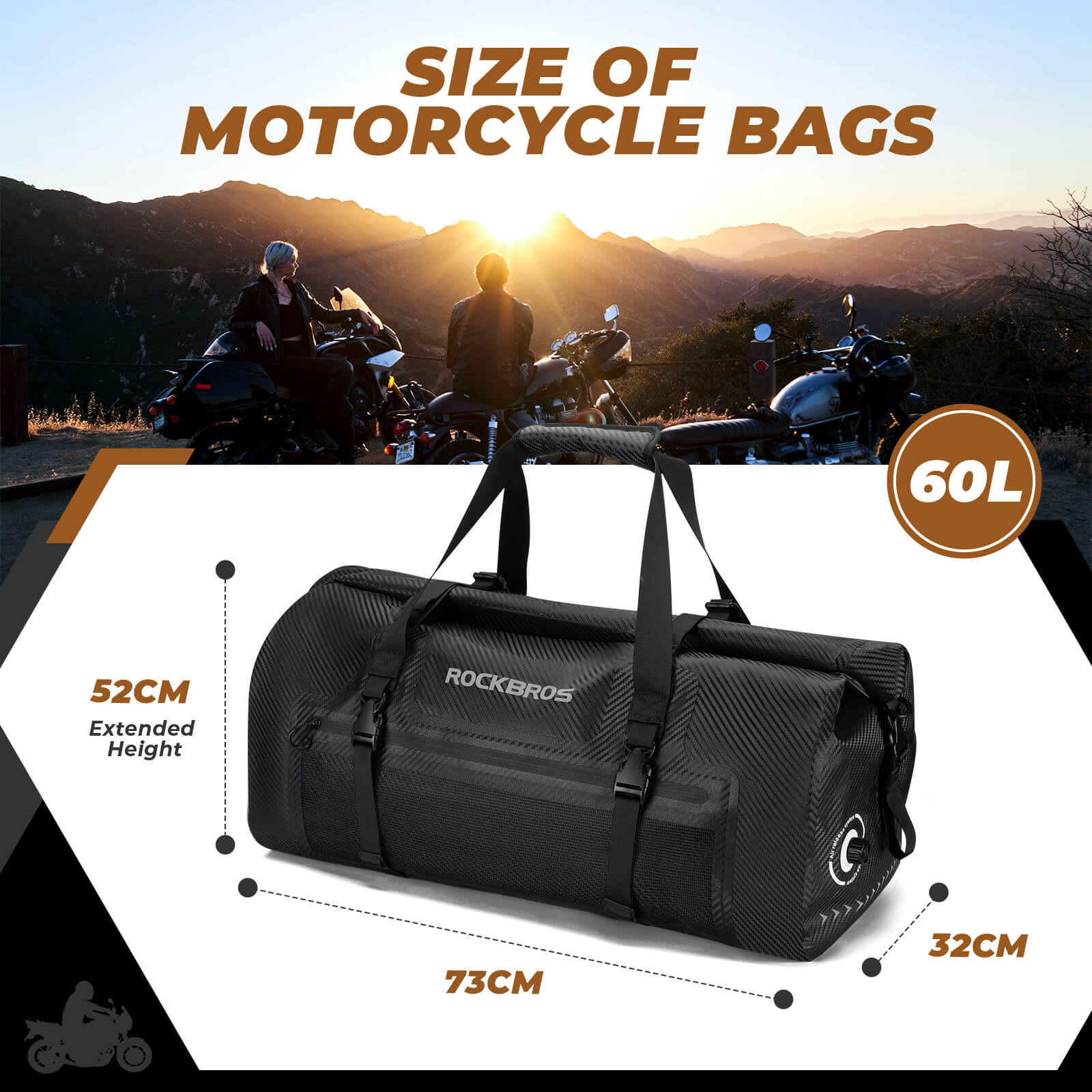 ROCKBROS waterproof motorcycle tail bag for rear seat storage.
#size_60L 73*32*52cm