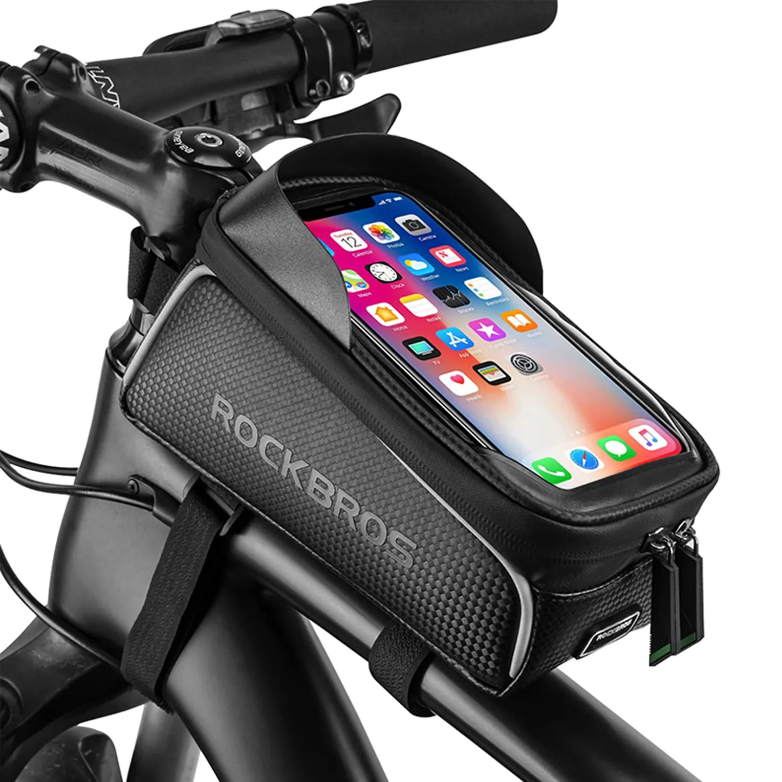 ROCKBROS waterproof bike frame bag in black mounted on top tube, holding a 6.5-inch smartphone.