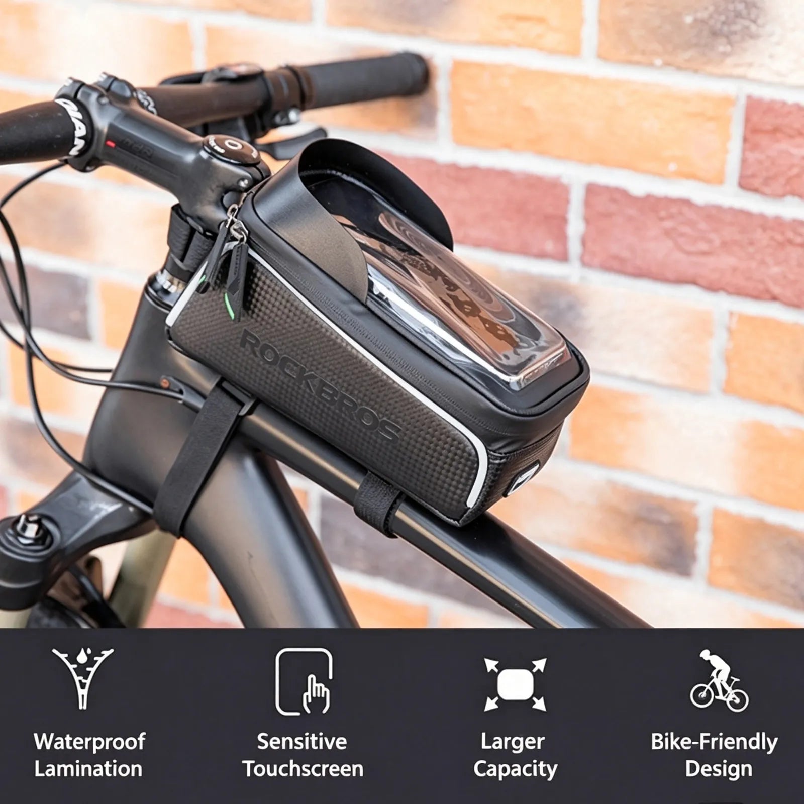 ROCKBROS waterproof bike frame bag in black mounted on top tube, holding a 6.5-inch smartphone.