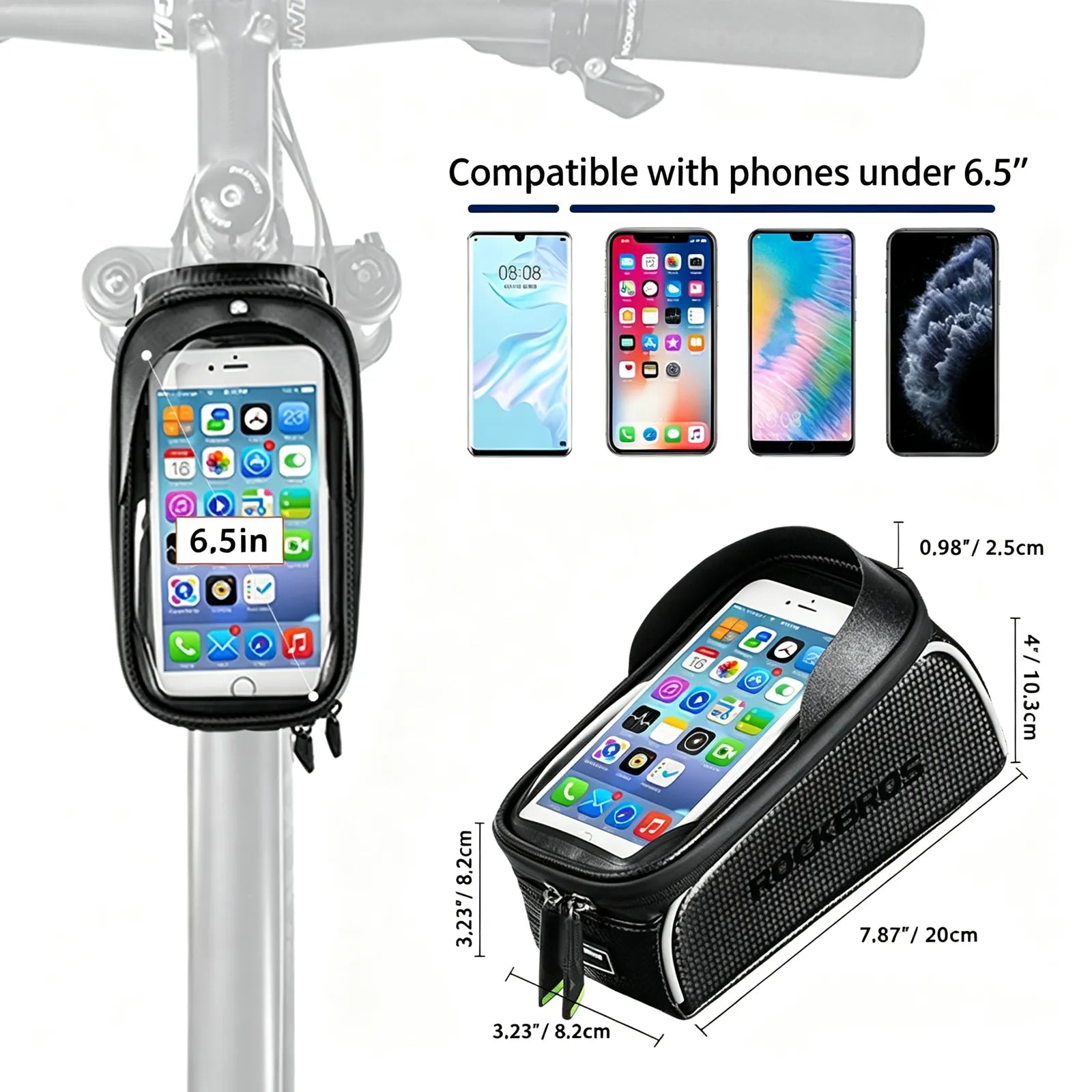 ROCKBROS waterproof bike frame bag in black mounted on top tube, holding a 6.5-inch smartphone.