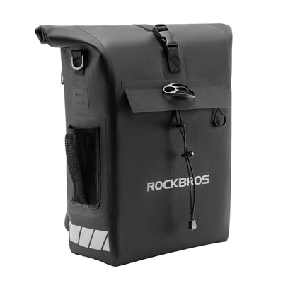 Rockbros 18L waterproof bike pannier bag in black with roll top closure mounted on rear rack