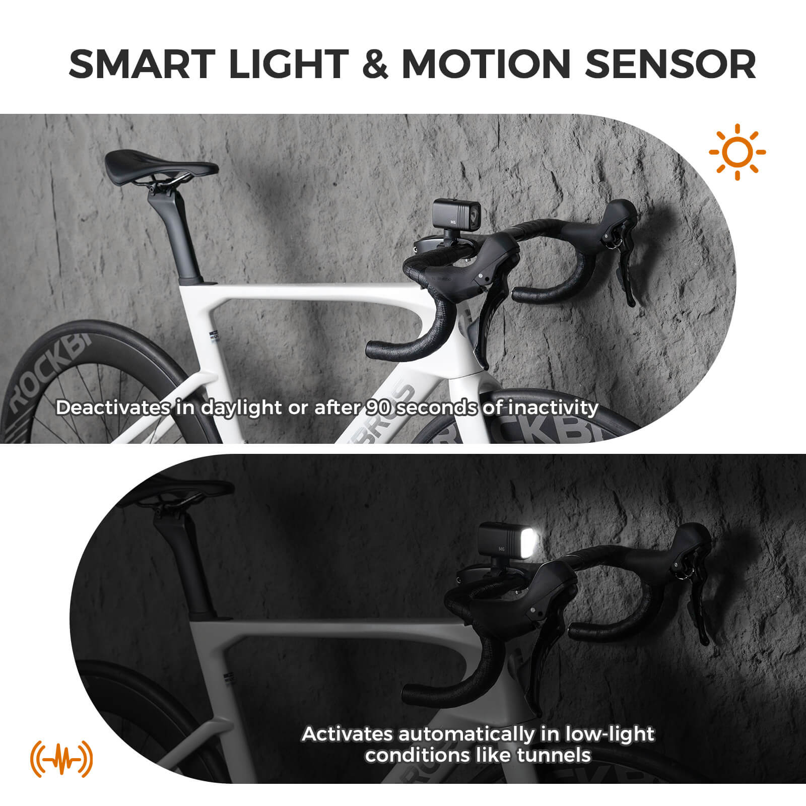 rockbros hanging front bicycle light M6 with high-capacity battery.
#color_white