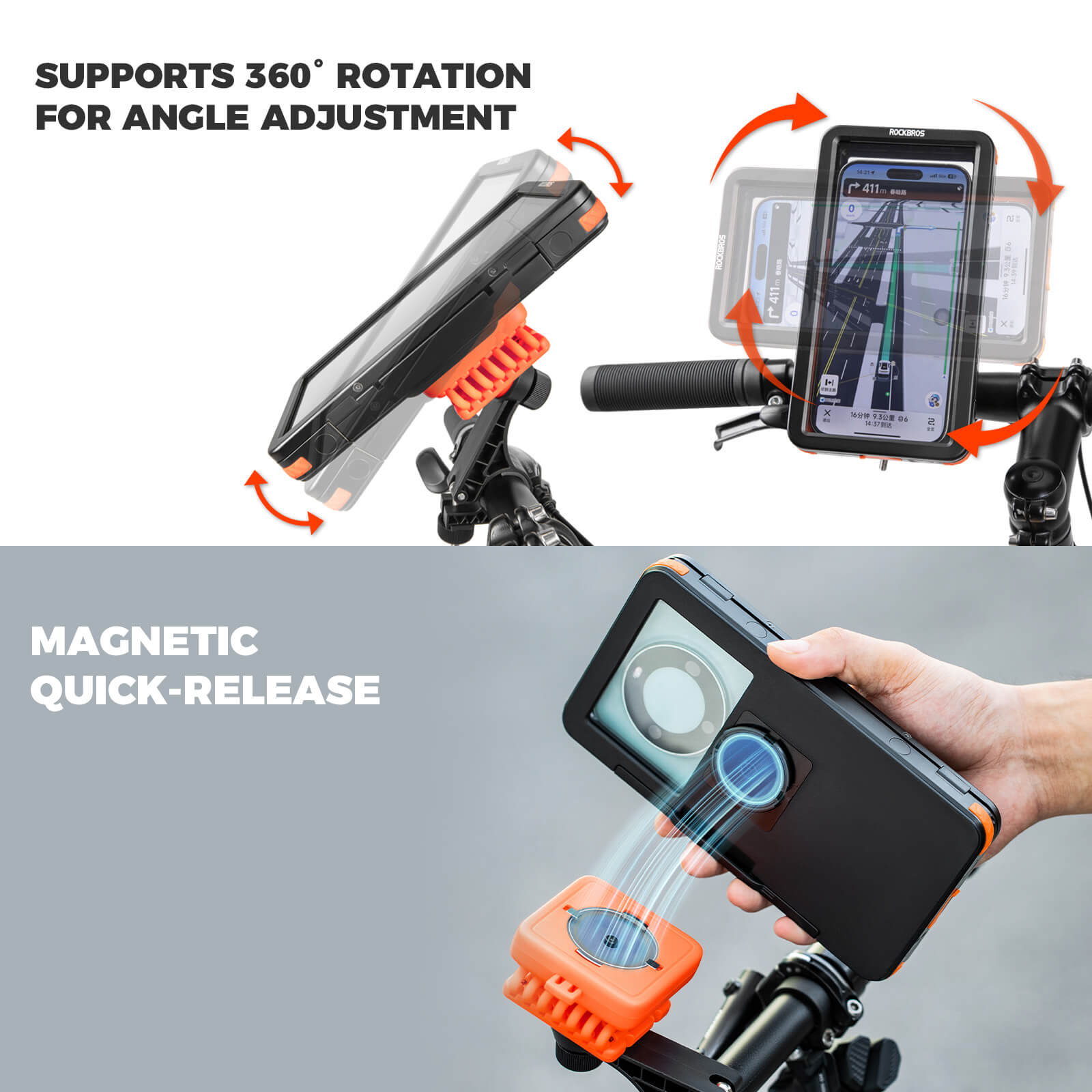 rockbros waterproof magnetic bike phone mount for cycling.
#options_handlebar