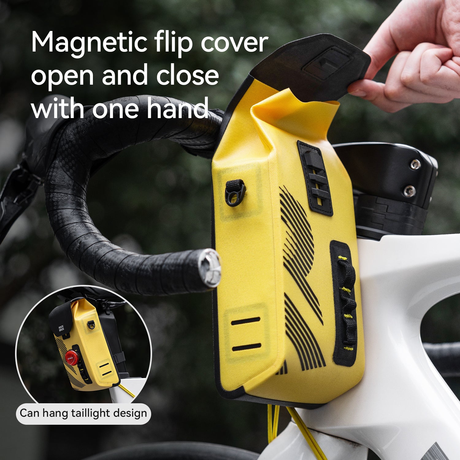 ROCKBROS waterproof magnetic handlebar bag 1.3L in high-vis yellow for bike packing.