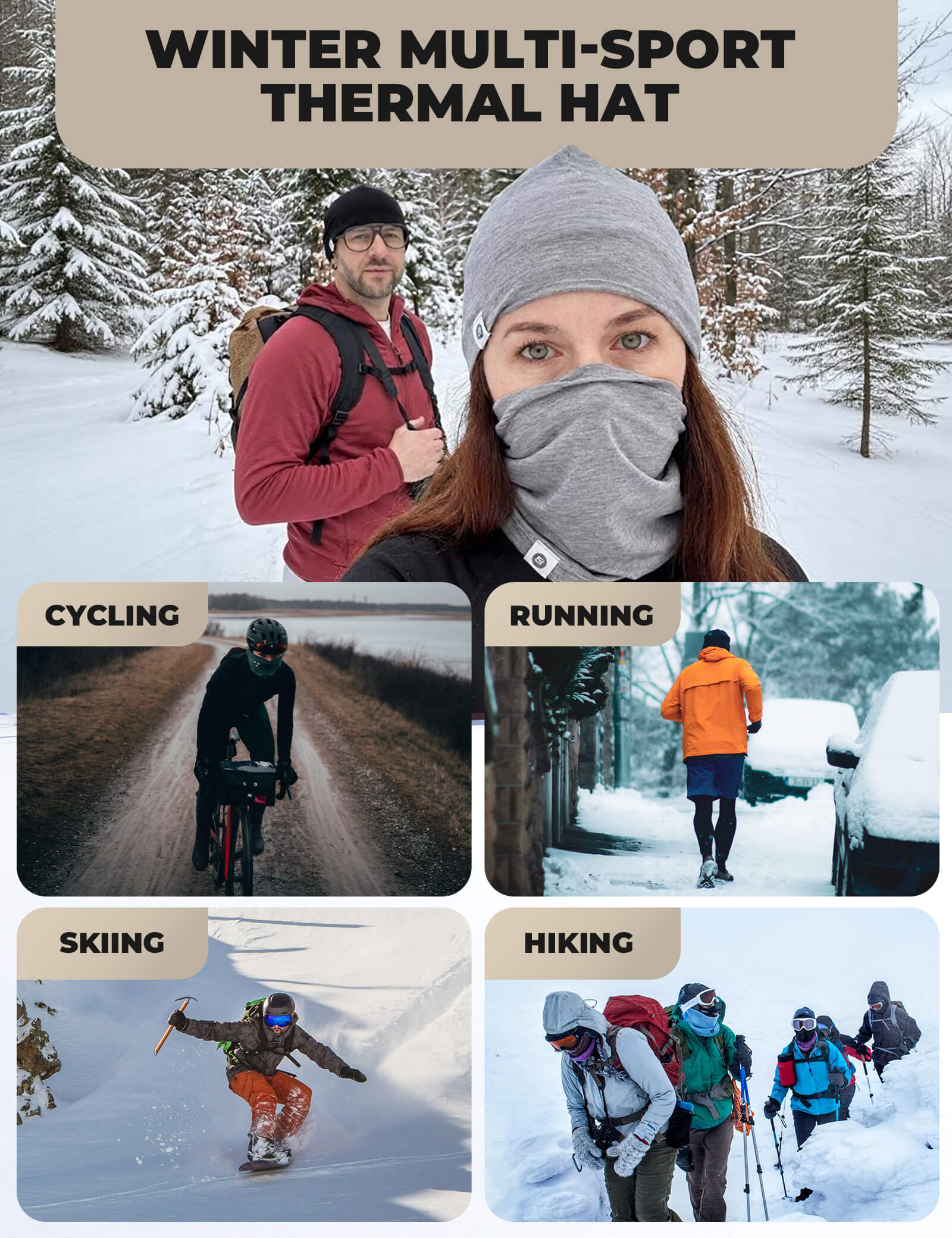 Rockbros Windproof Merino Wool Cycling Cap for Winter Riding.
#color_black
