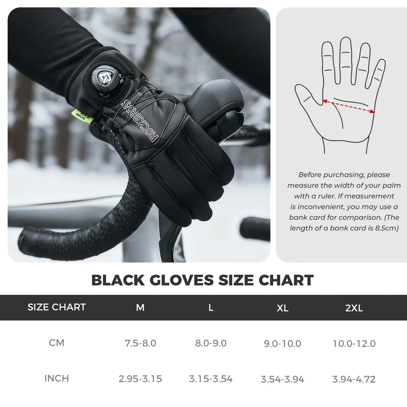 ROCKBROS winter full finger cycling gloves featuring precision dial fit system in black.