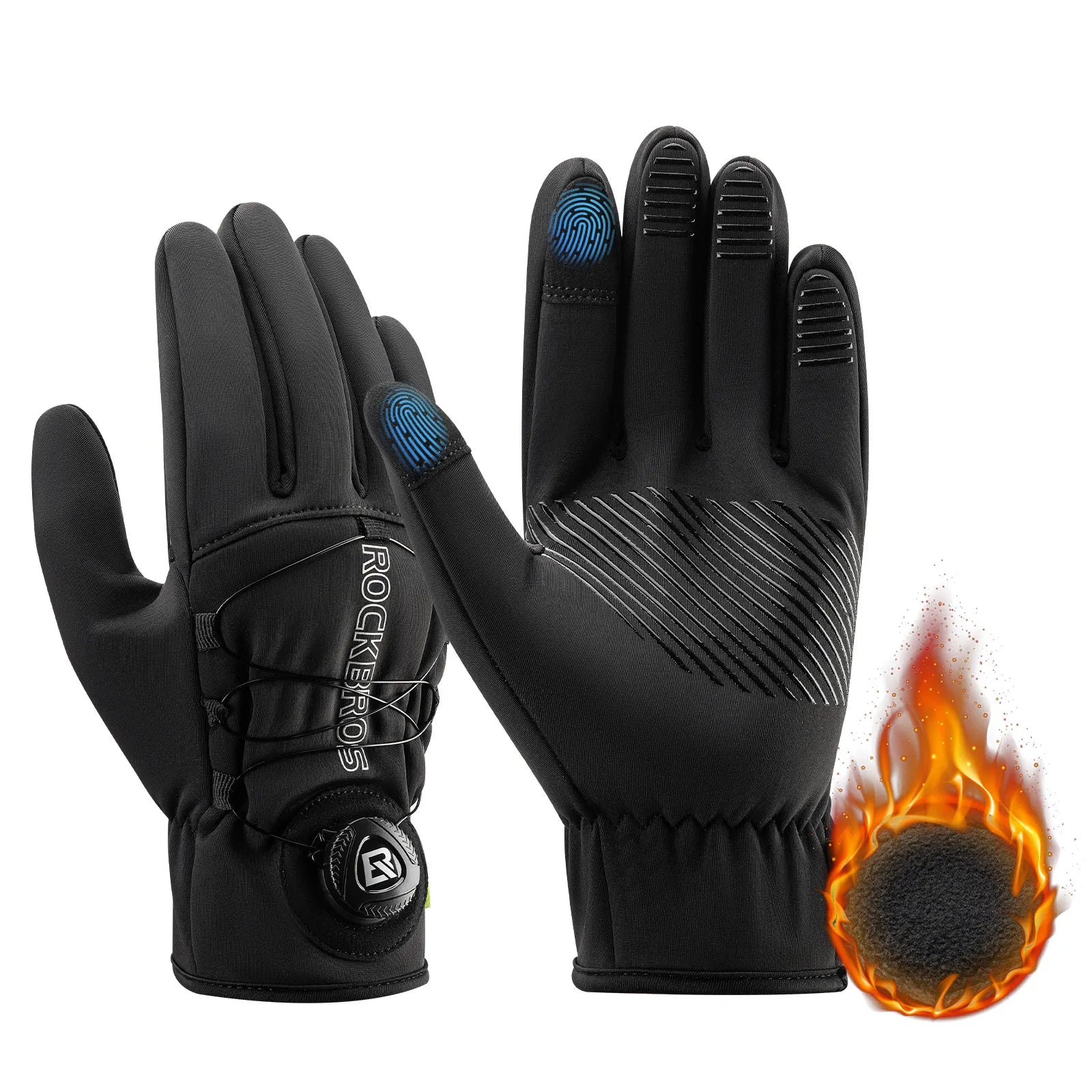 ROCKBROS winter full finger cycling gloves featuring precision dial fit system in black.