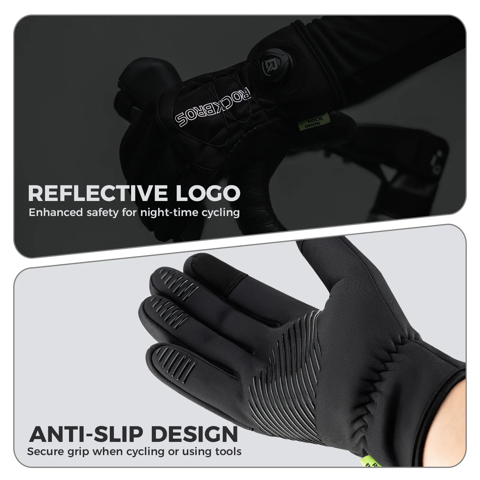 ROCKBROS winter full finger cycling gloves featuring precision dial fit system in black.