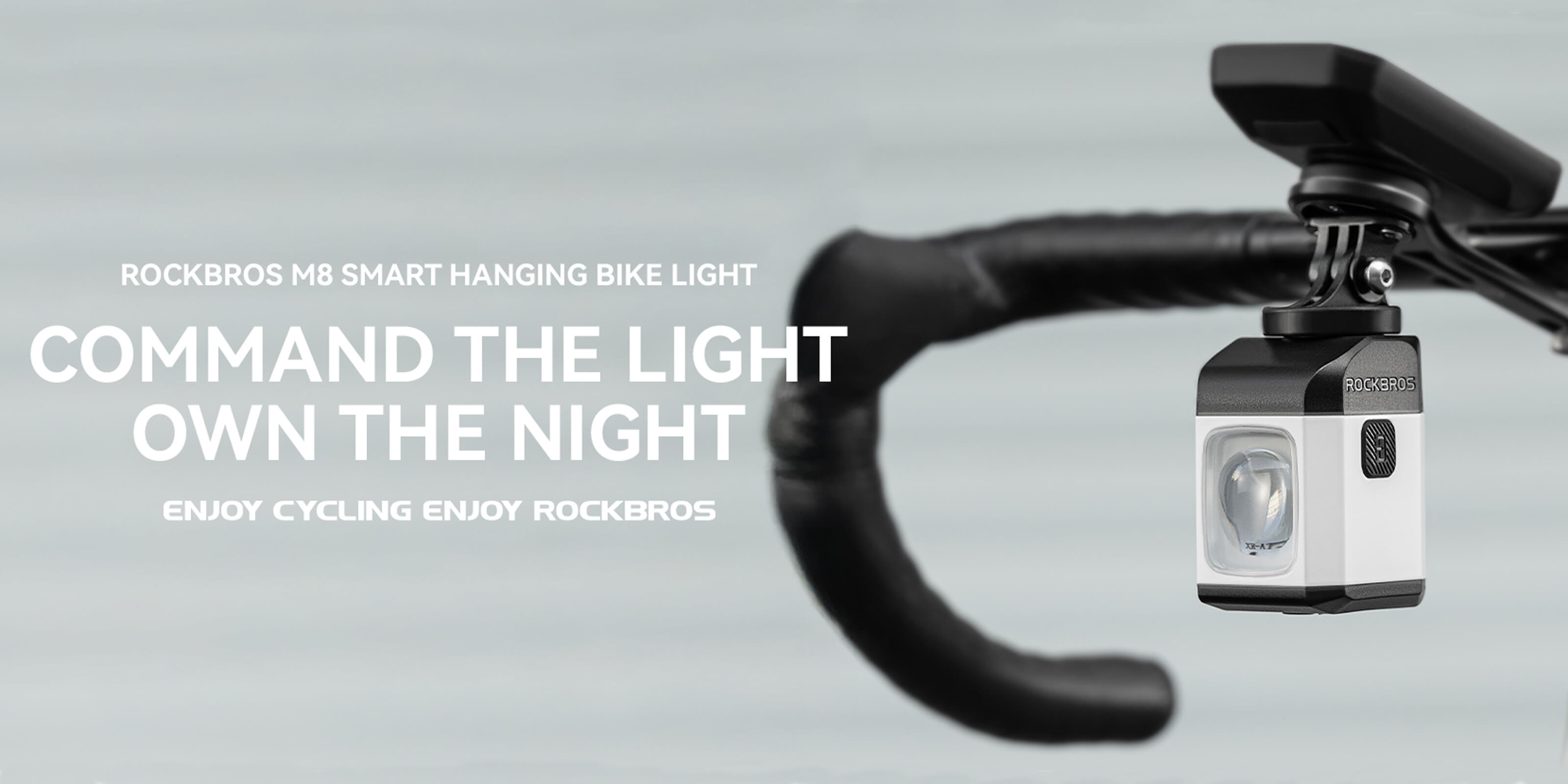 ROCKBROS bike headlight with wireless remote and digital display.